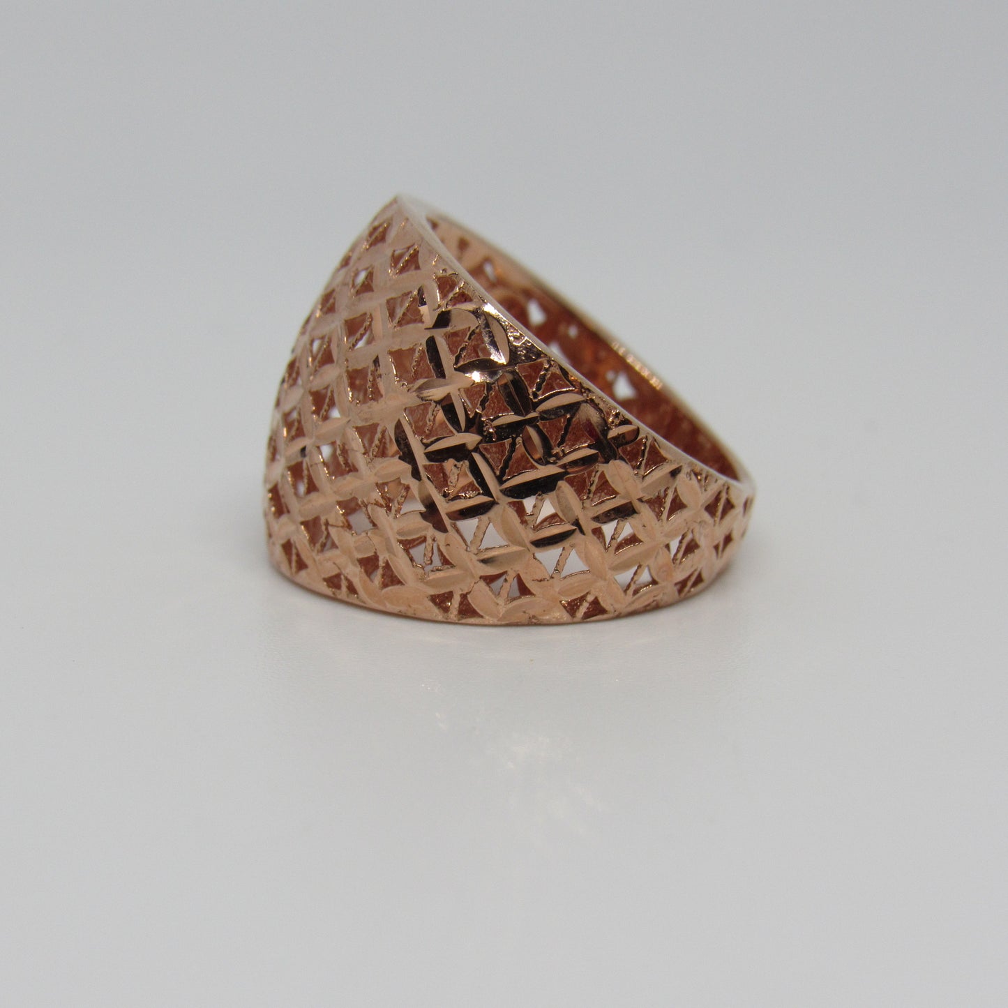14k Rose Gold Ring Band Wide Face Etched Triangles AK Turkey - Size 6