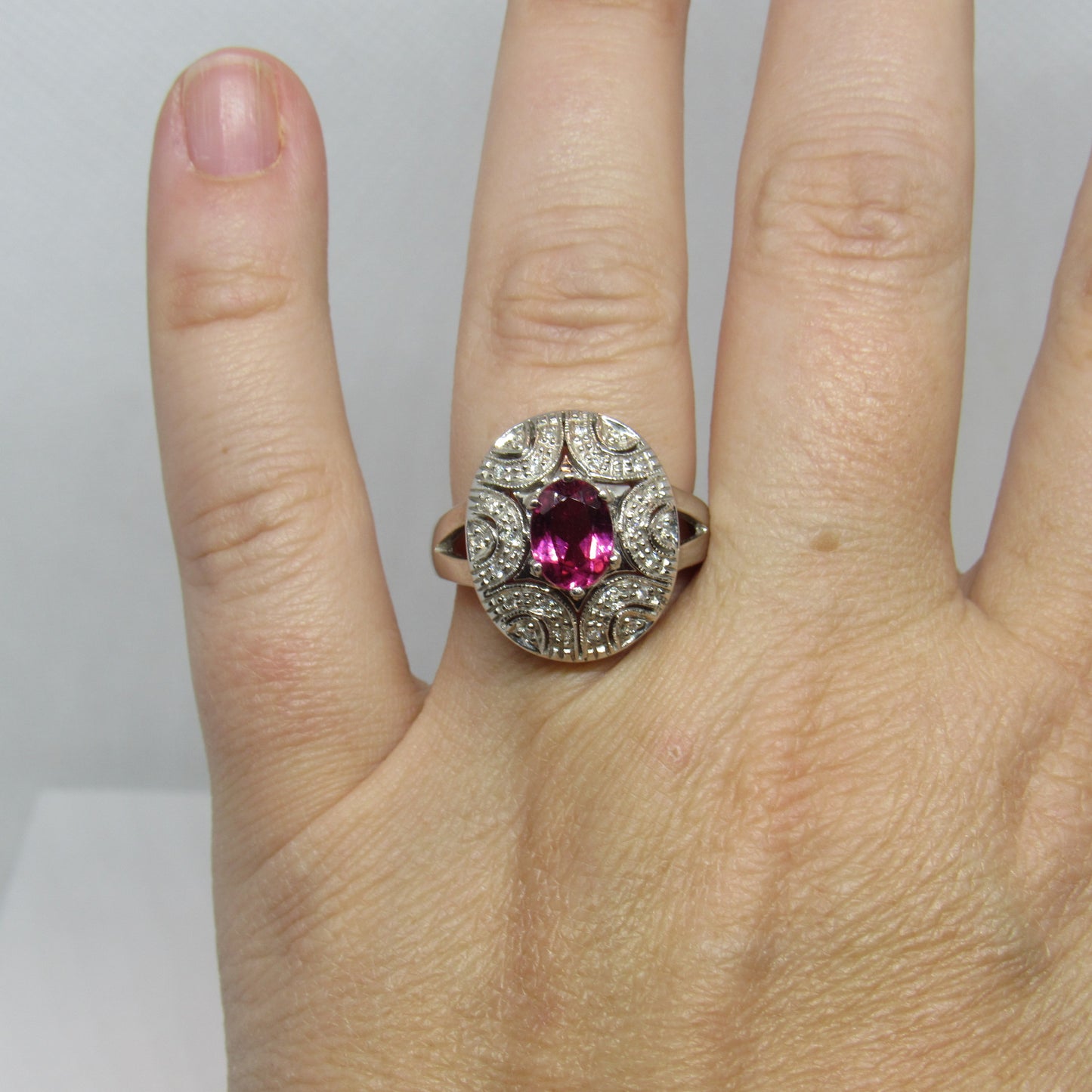 14K White Gold Pink Stone & Diamond Large Oval Face Ring - Sz ~7.75