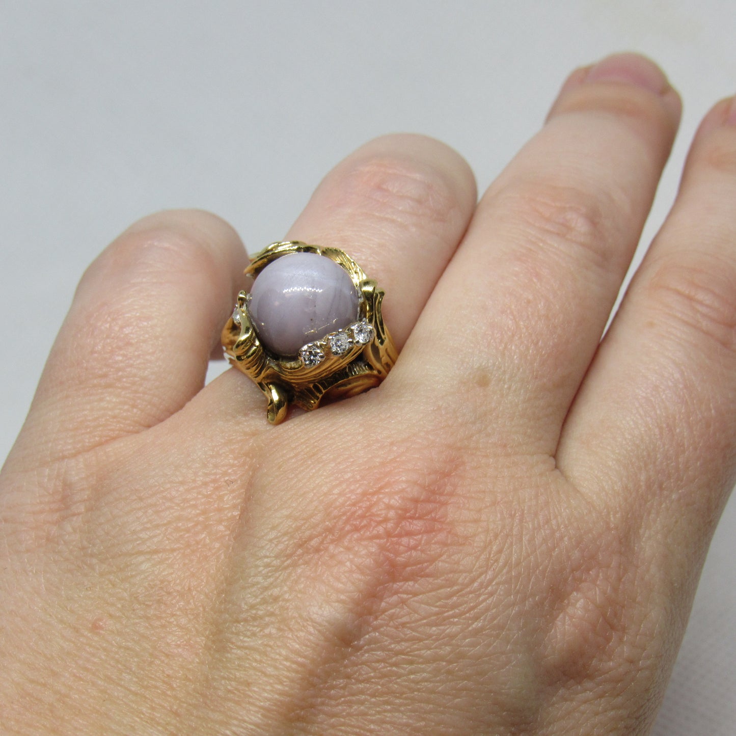 18K Yellow Gold Vintage Erwin Pearl Lavender Jade & Diamond Ring - Sz ~7.5