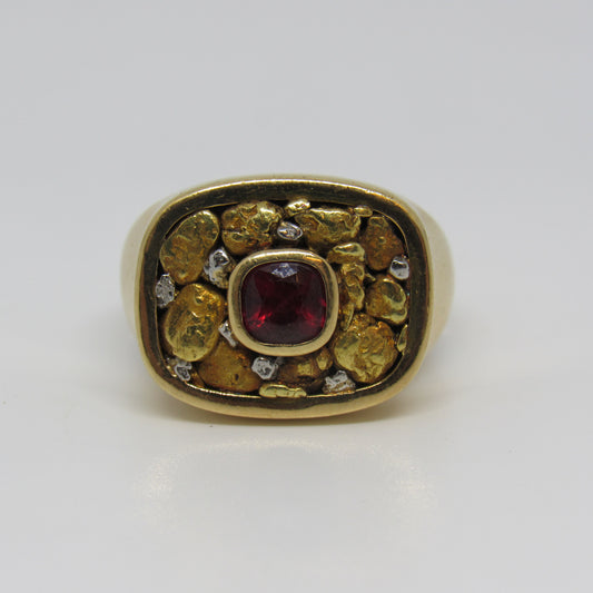 18k Yellow Gold Real Gold Nuggets & Ruby Ring - Sz 10.25