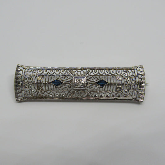 10K White Gold Art Deco Design Filigree Blue Sapphire Diamond Chip Pin Brooch