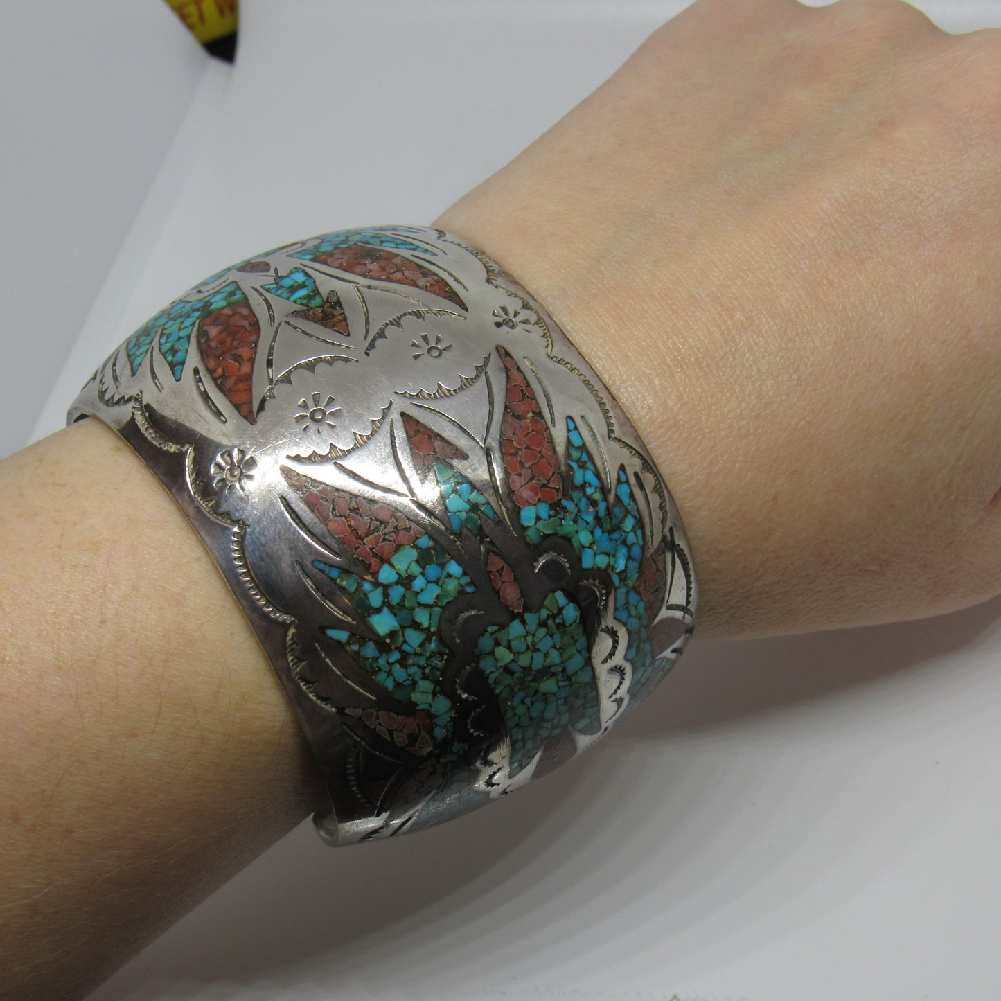 Vintage Navajo Signed BN Sterling Silver Large Inlay Turquoise & Coral Bracelet - 8 inch