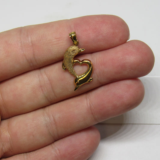 10k Yellow Gold Jumping Double Dolphin Heart Pendant