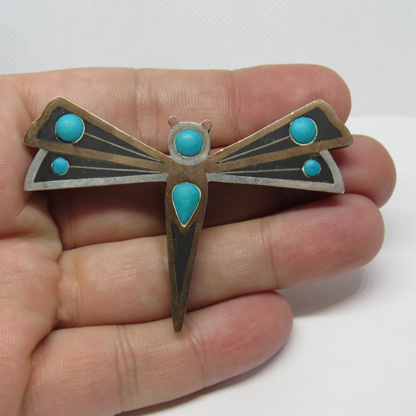 Vintage Sterling Silver AC Piedra Negra Toño Turquoise - Brass Inlay Dragonfly Brooch Pin