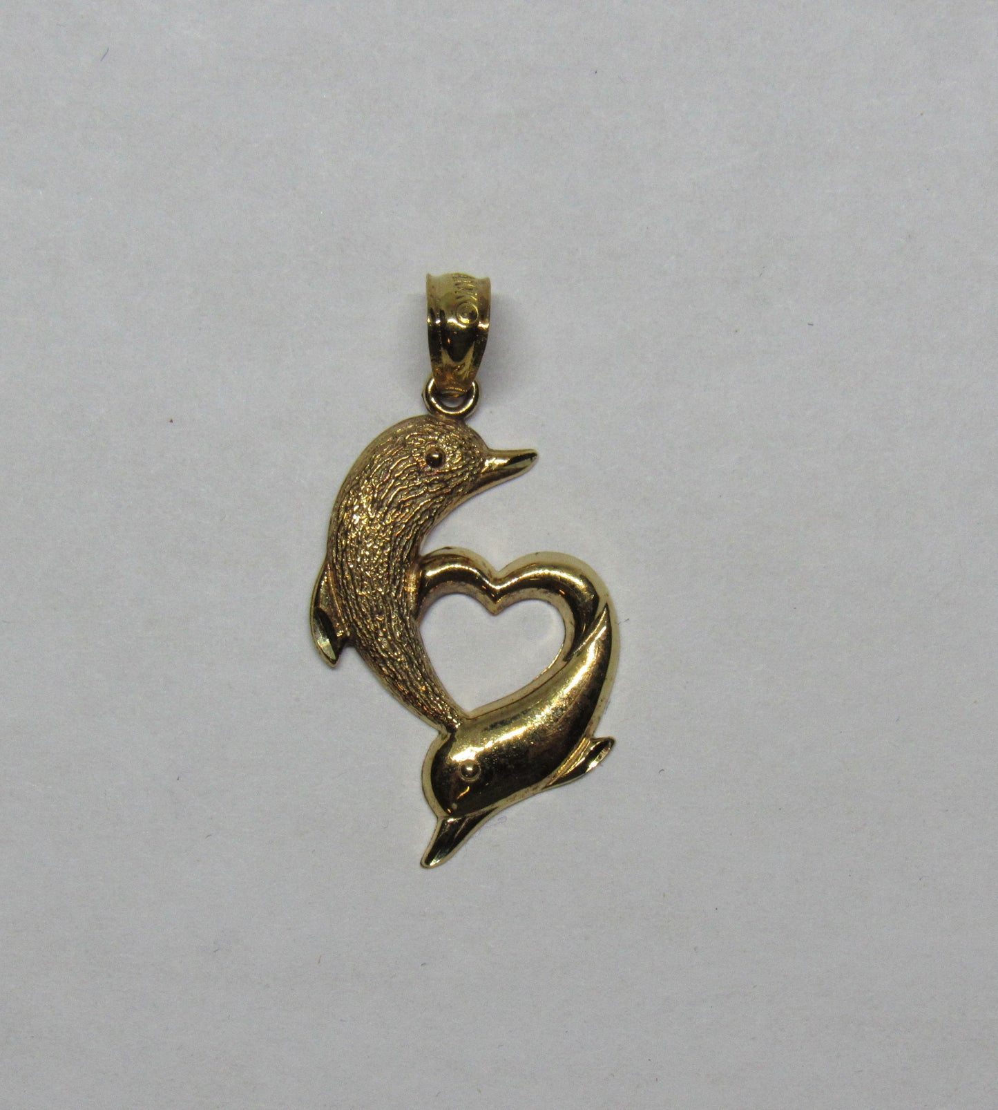 10k Yellow Gold Jumping Double Dolphin Heart Pendant