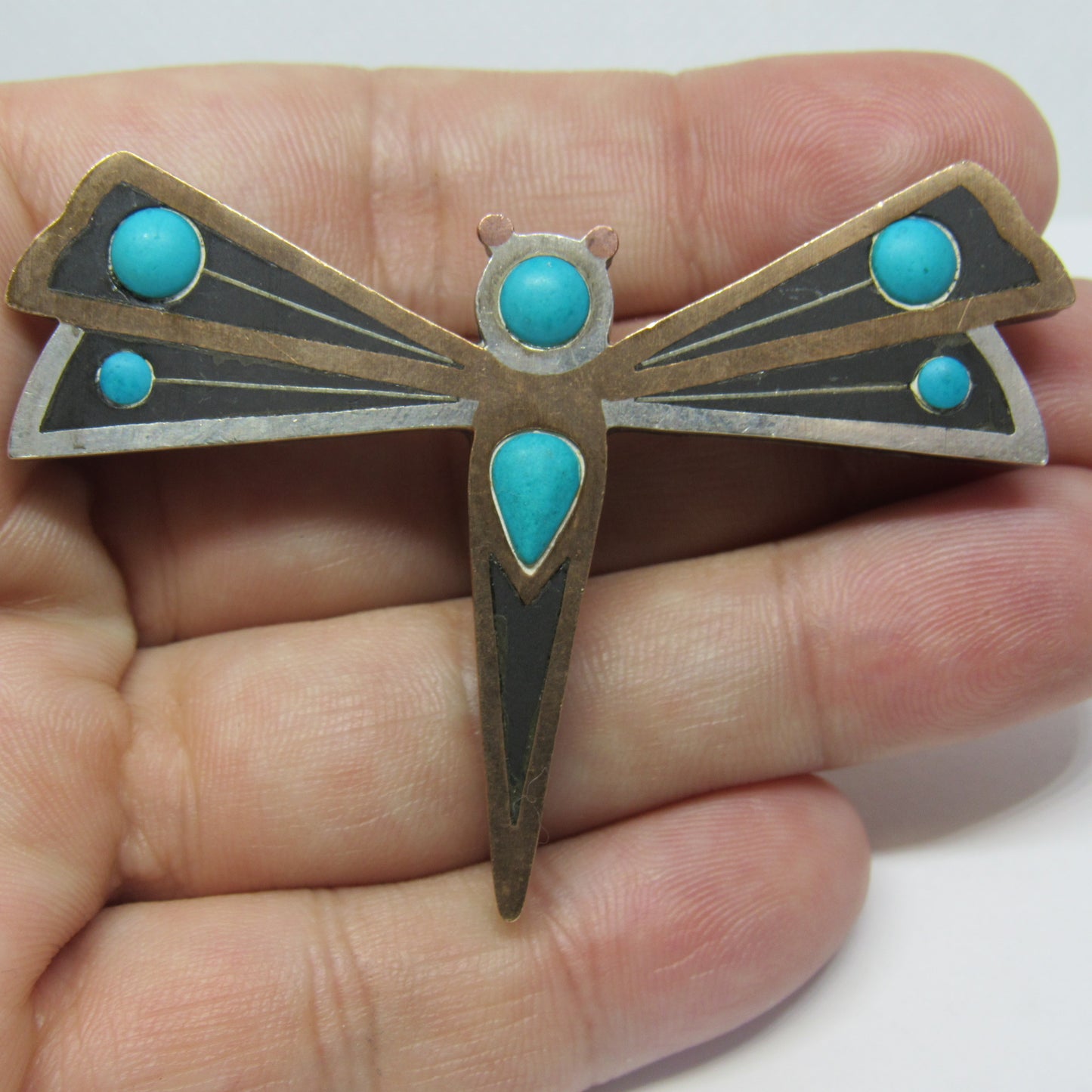 Vintage Sterling Silver AC Piedra Negra Toño Turquoise - Brass Inlay Dragonfly Brooch Pin