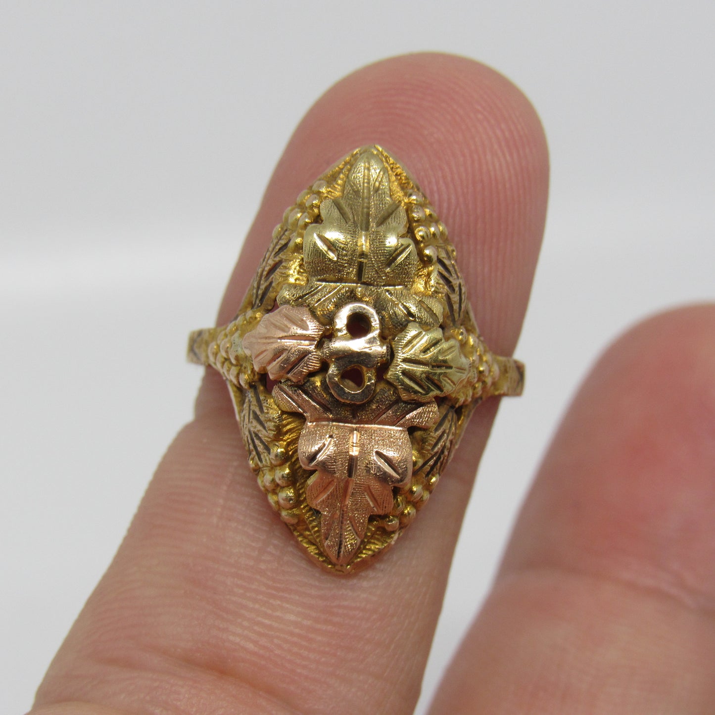 10k Tri Color Black Hills Gold Leaves Grapes Ring Marquise Diamond Shaped Face - Sz 7