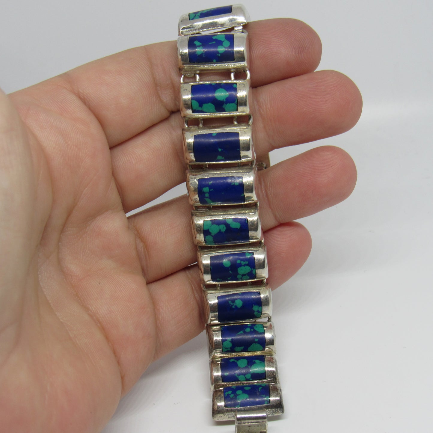 Sterling Silver 925 Mexico TM-181 Vintage Azurite Malachite Link Chain Bracelet 7.5"