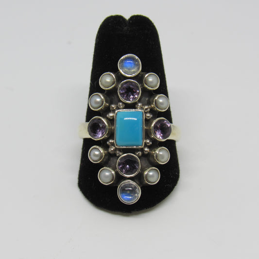 Nicky Butler Sterling Silver 925 Turquoise Moonstone Amethyst Pearl Ring - Sz 9.75