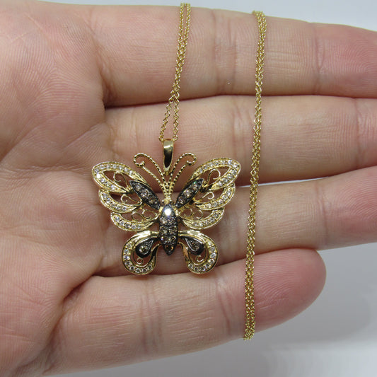 LeVian 14k Yellow Gold Chocolate & Vanilla Diamond Butterfly Pendant Necklace - 18 in