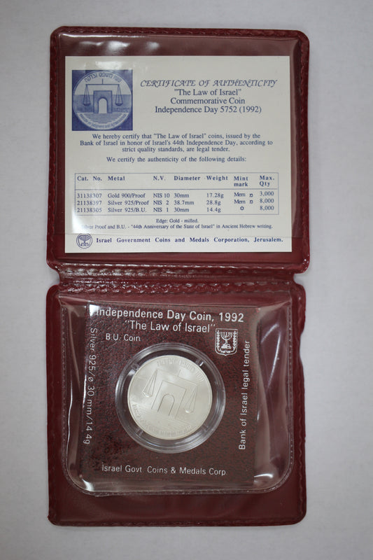 1992 44th Anniversary "THE LAW OF ISRAEL" BU Silver Coin Original Case & COA