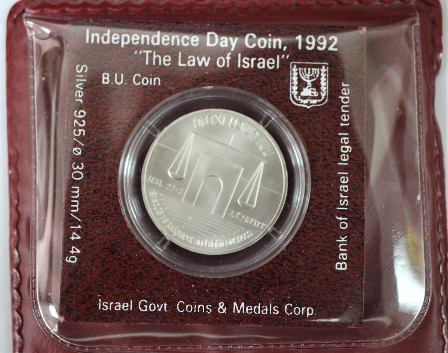 1992 44th Anniversary "THE LAW OF ISRAEL" BU Silver Coin Original Case & COA