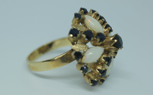 18k Yellow Gold Sapphire and Opal Vintage Harem Ring - Sz 7.25