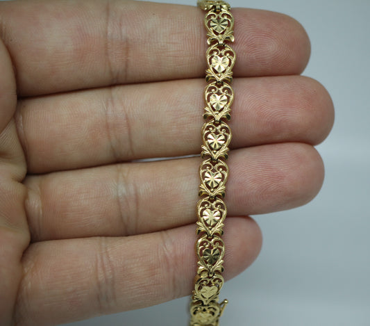 14K Yellow Gold Beverly Hills Gold Filigree Hearts Bracelet - 7.25 in