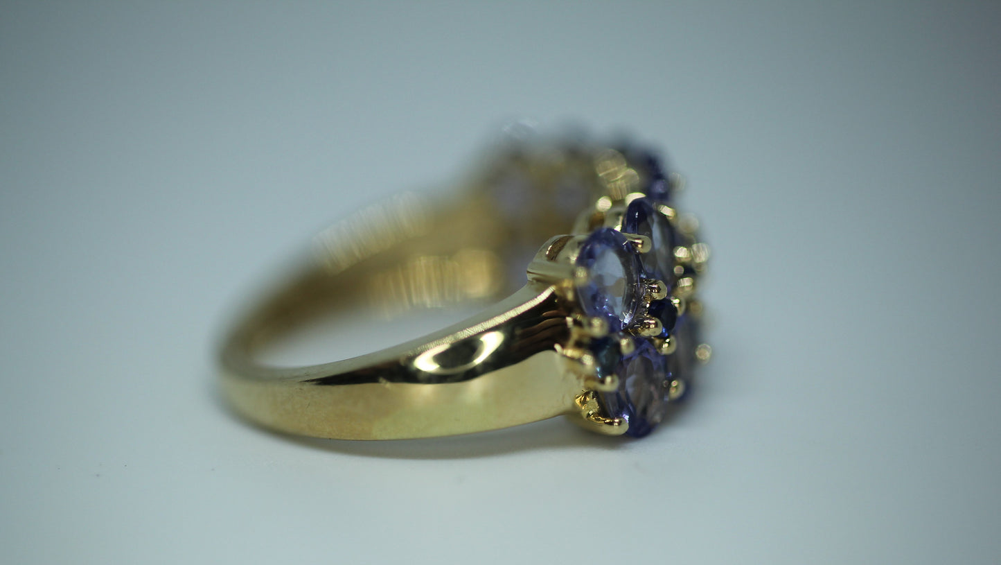 14K Yellow Gold ~2.15 ctw Tanzanite & Sapphire Two Row Cluster Ring - Size 5