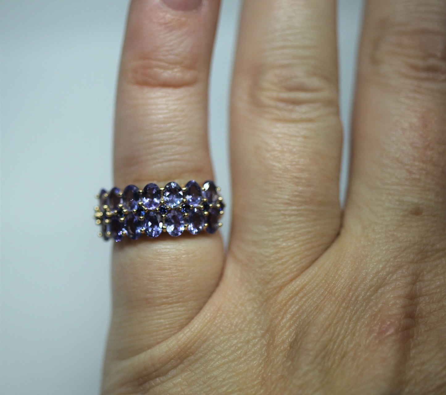 14K Yellow Gold ~2.15 ctw Tanzanite & Sapphire Two Row Cluster Ring - Size 5