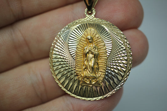 14k Tricolor Multi Tone Gold Virgin Mary Guadalupe Round Charm Pendant