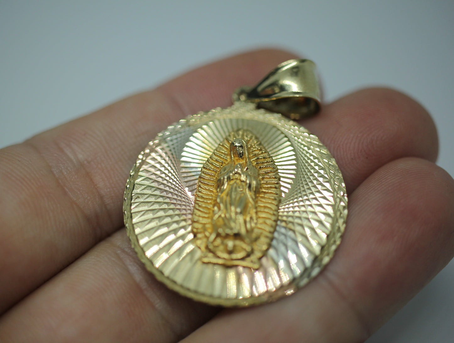 14k Tricolor Multi Tone Gold Virgin Mary Guadalupe Round Charm Pendant