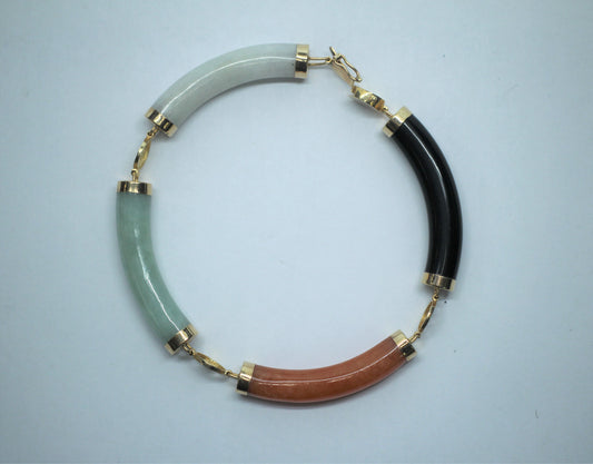 14k Yellow Gold Multi Color Jade Curved Link Bracelet - 7.5 inch