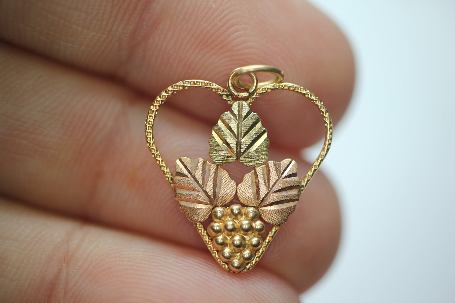 10k Gold Black Hills Gold Grape Leaf Grapes Heart Pendant