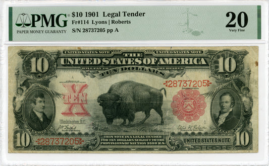1901 $10 Legal Tender Bison Certified PMG 20 FR#114 Lyons Roberts