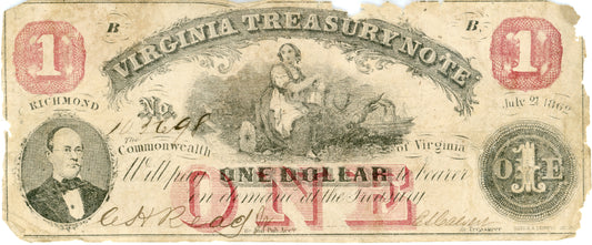 1862 7/21 $1 Richmond VA One Dollar Virginia Treasury Note
