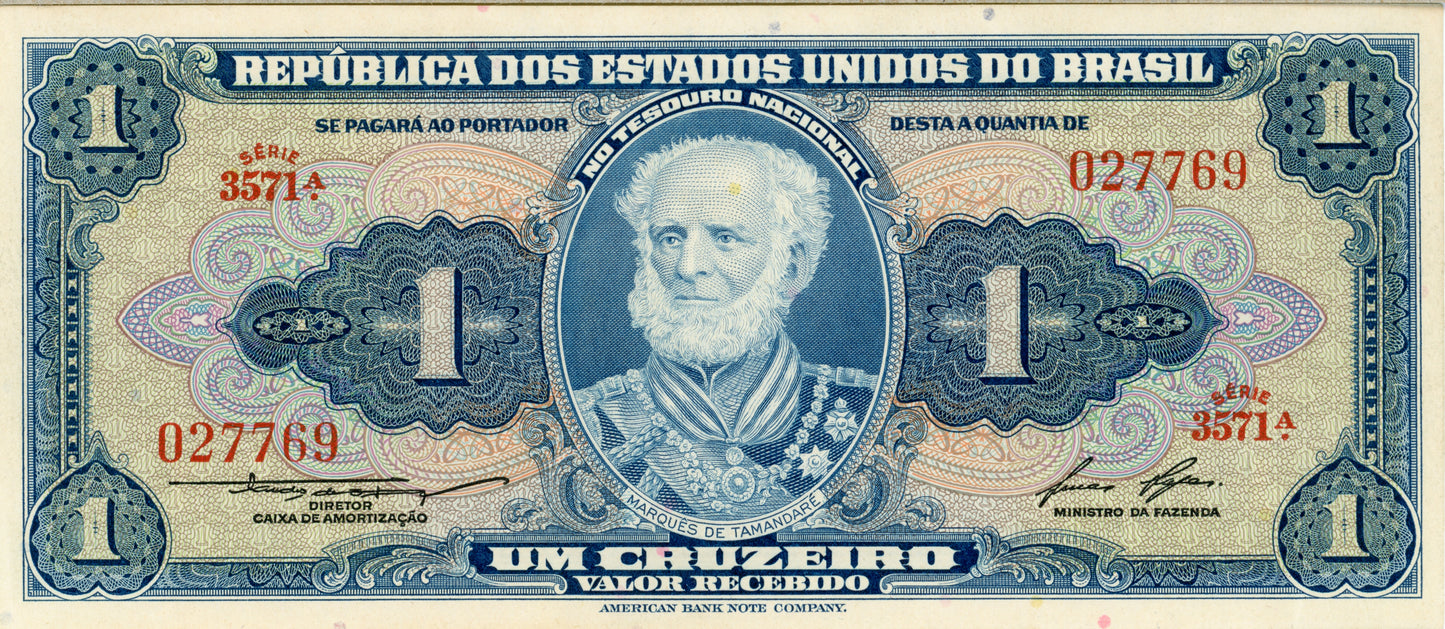 1 Cruzeiro Brazil Brasil Bank Note Currency Super Crisp Note Serie 3571