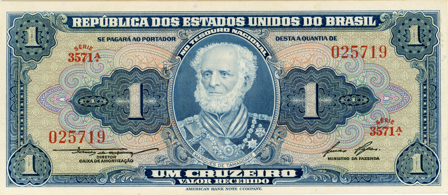 1 Cruzeiro Brazil Brasil Bank Note Currency Super Crisp Note Serie 3571