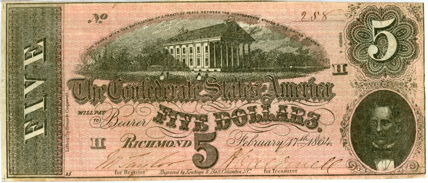 1864 Confederate 10$ Note Bill T-69 Low Serial 258