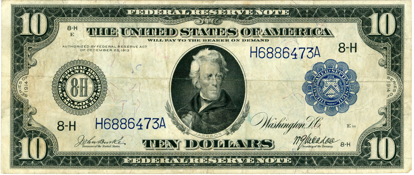 1914 $10 Fed Reserve Note Burke McAdoo F-932 H6886473A