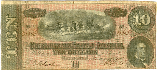 1864 Confederate 10$ Note Bill T-68 31656