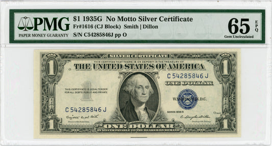 1935 G $1 Silver Certificate Smith Dillon F-1616 C54285846J PMG 65 EPQ