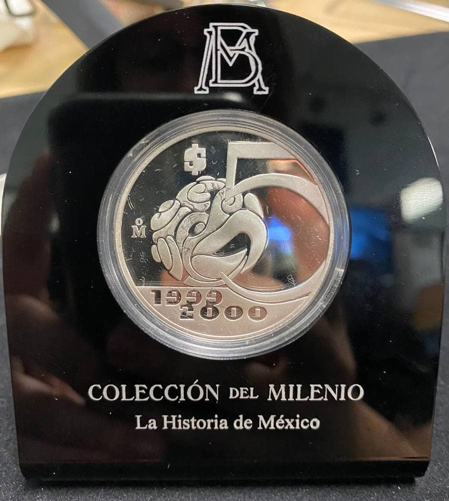 2000 Mexico 1 oz Silver Proof 5 Pesos Millennium AZTEC BIRD w/ Holder